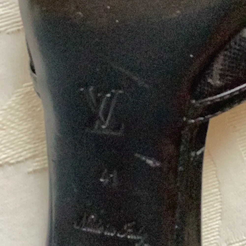 LOUIS VUITTON Black Fabric & Black Patent Mules